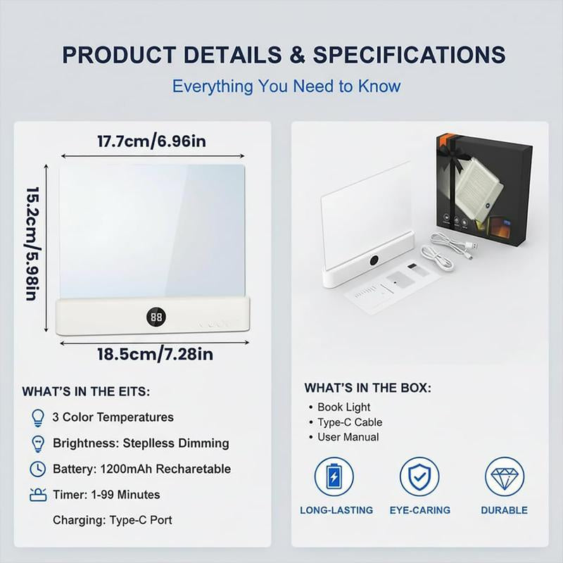 Smart LED Reading Light Book Light Treasure Box Rechargeable Clear LED Flat Reading Light Timer Doodleable Study Lamp the Quiet Reader'S Dream Lights Ultra-Thin Wireless Design